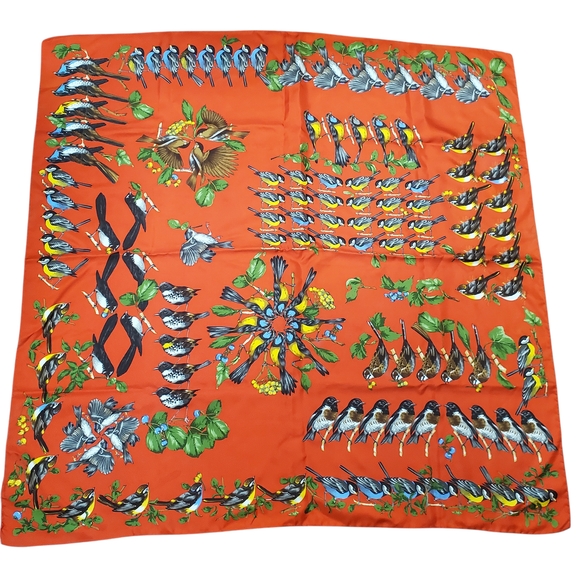 100% Silk Bird Print Scarf. 34" x 34". Orangish Red w/ Multicolor Birds - Picture 11 of 13